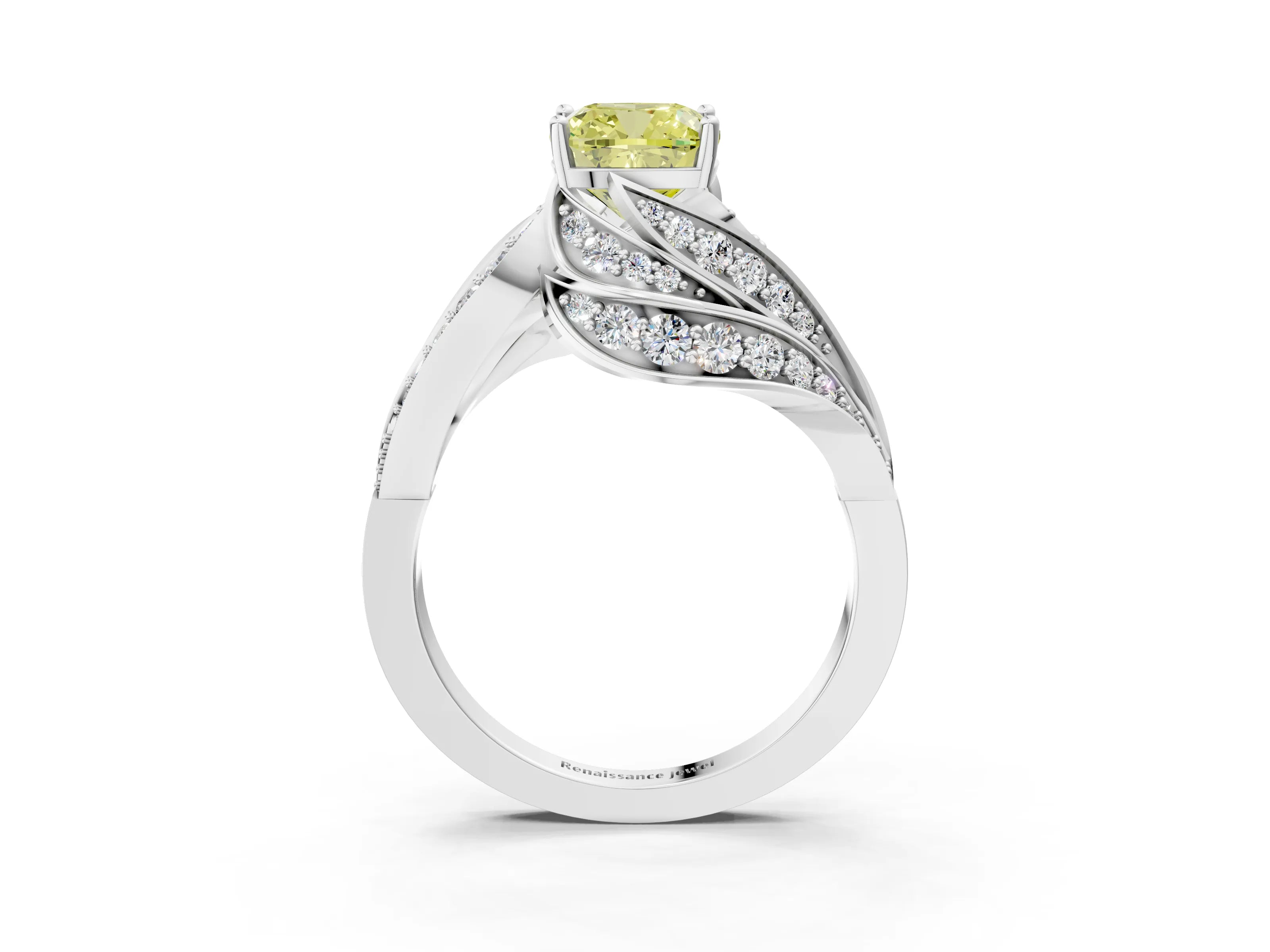 White gold Fancy Yellow Cushion Cut Diamond Solitaire Ring with Prong Setting and Twisted Pavé Band_15