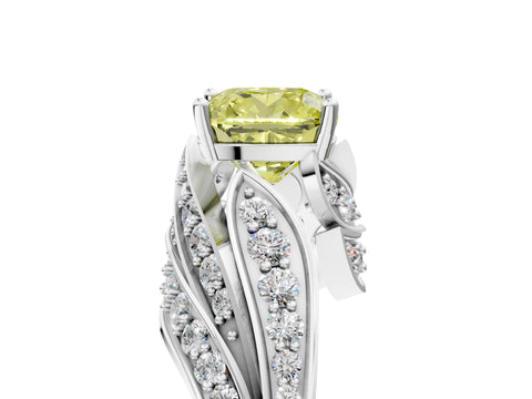 White gold Fancy Yellow Cushion Cut Diamond Solitaire Ring with Prong Setting and Twisted Pavé Band_17