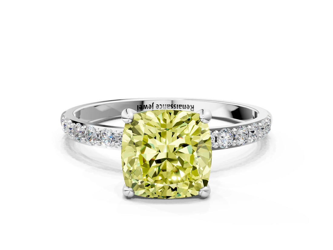 White gold Fancy Yellow Cushion Cut Diamond Solitaire Ring with Round  Pavé Band and Prong Setting_134