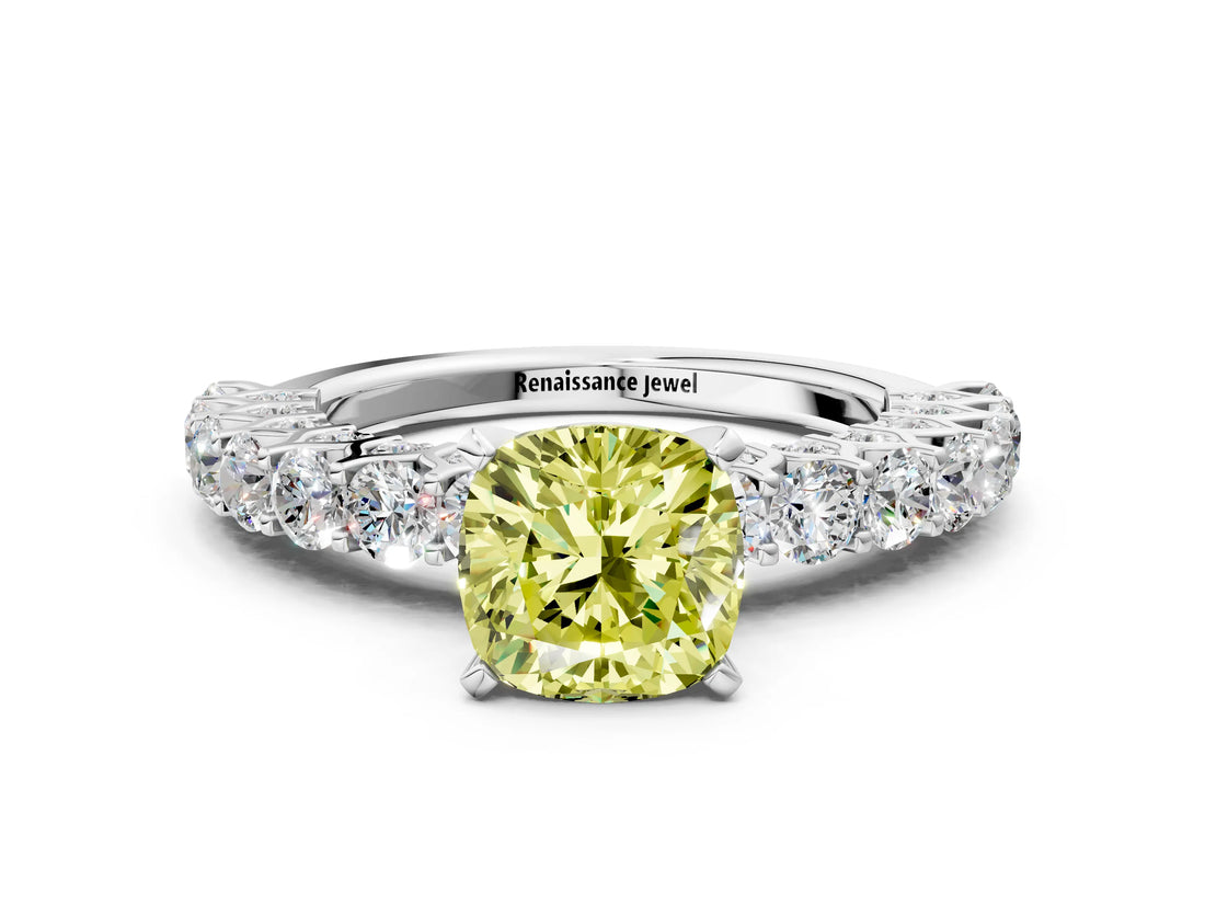 White gold Fancy Yellow Cushion Cut Diamond Solitaire Ring with Shared Prong Pavé Band and Four-Prong Setting_70