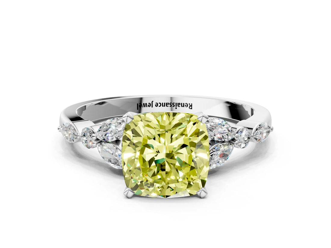 White gold Fancy Yellow Cushion Cut Diamond Solitaire Ring with Side Stones and Four-Prong Setting_78