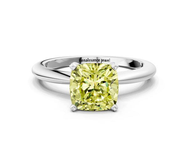 White gold Fancy Yellow Cushion Cut Diamond Solitaire Ring with Six-Prong Setting and Classic Band