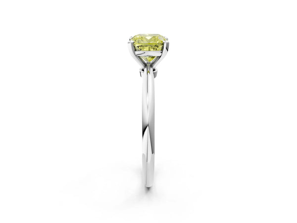White gold Fancy Yellow Cushion Cut Diamond Solitaire Ring with Six-Prong Setting and Classic Band
