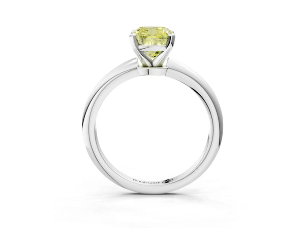 White gold Fancy Yellow Cushion Cut Diamond Solitaire Ring with Six-Prong Setting and Classic Band