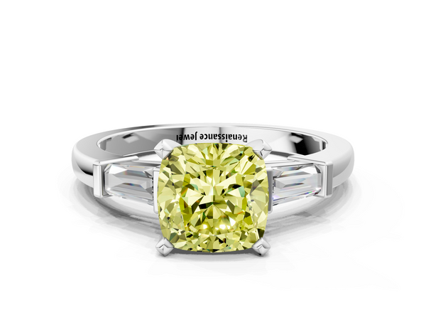 White gold Fancy Yellow Cushion  Cut Diamond Solitaire Ring with Tapered Baguette Accents and Four-Prong Setting