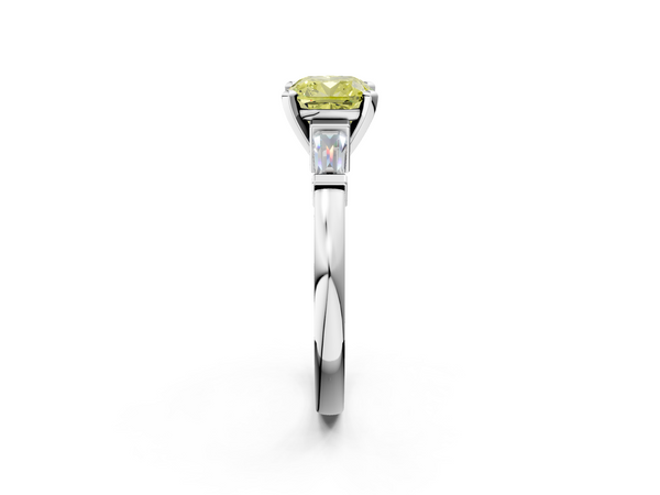 White gold Fancy Yellow Cushion  Cut Diamond Solitaire Ring with Tapered Baguette Accents and Four-Prong Setting