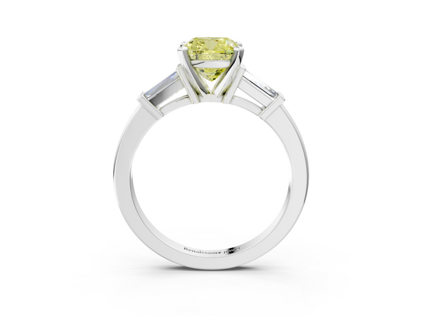 White gold Fancy Yellow Cushion  Cut Diamond Solitaire Ring with Tapered Baguette Accents and Four-Prong Setting