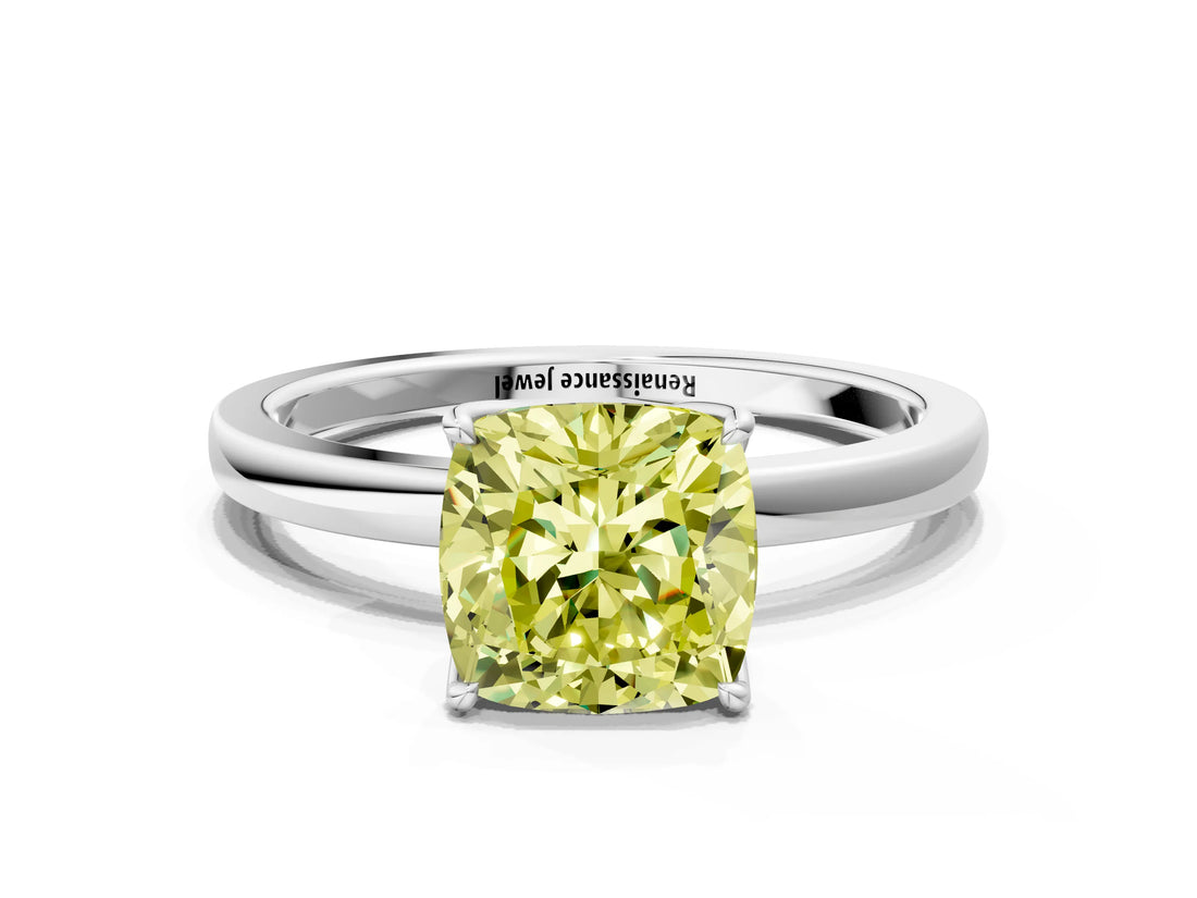 White gold Fancy Yellow Cushion Cut Diamond Solitaire Ring with Thin Band and Prong Setting_15