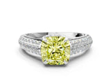 White gold Fancy Yellow Cushion Cut Diamond Solitaire Ring with Three-Row Pavé Band and Four-Prong Setting_48