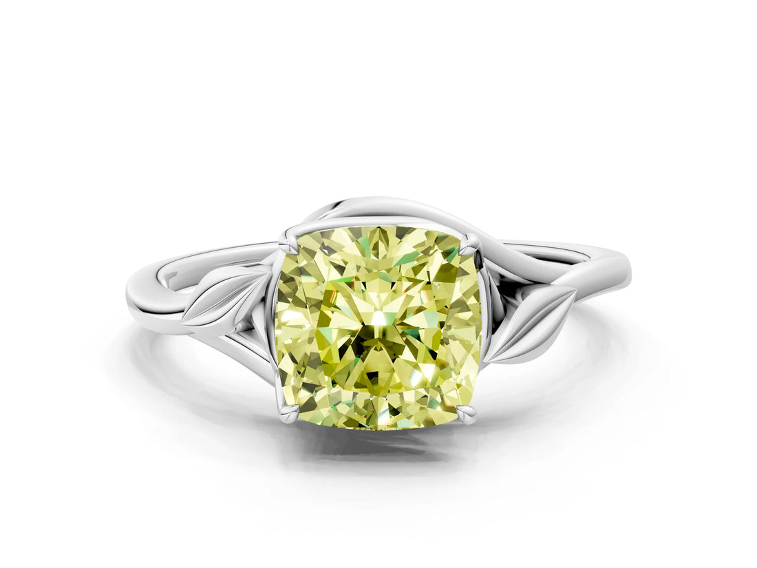 White gold Fancy Yellow Cushion Cut Diamond Solitaire Ring with Twist Band and Four-Prong Setting_119