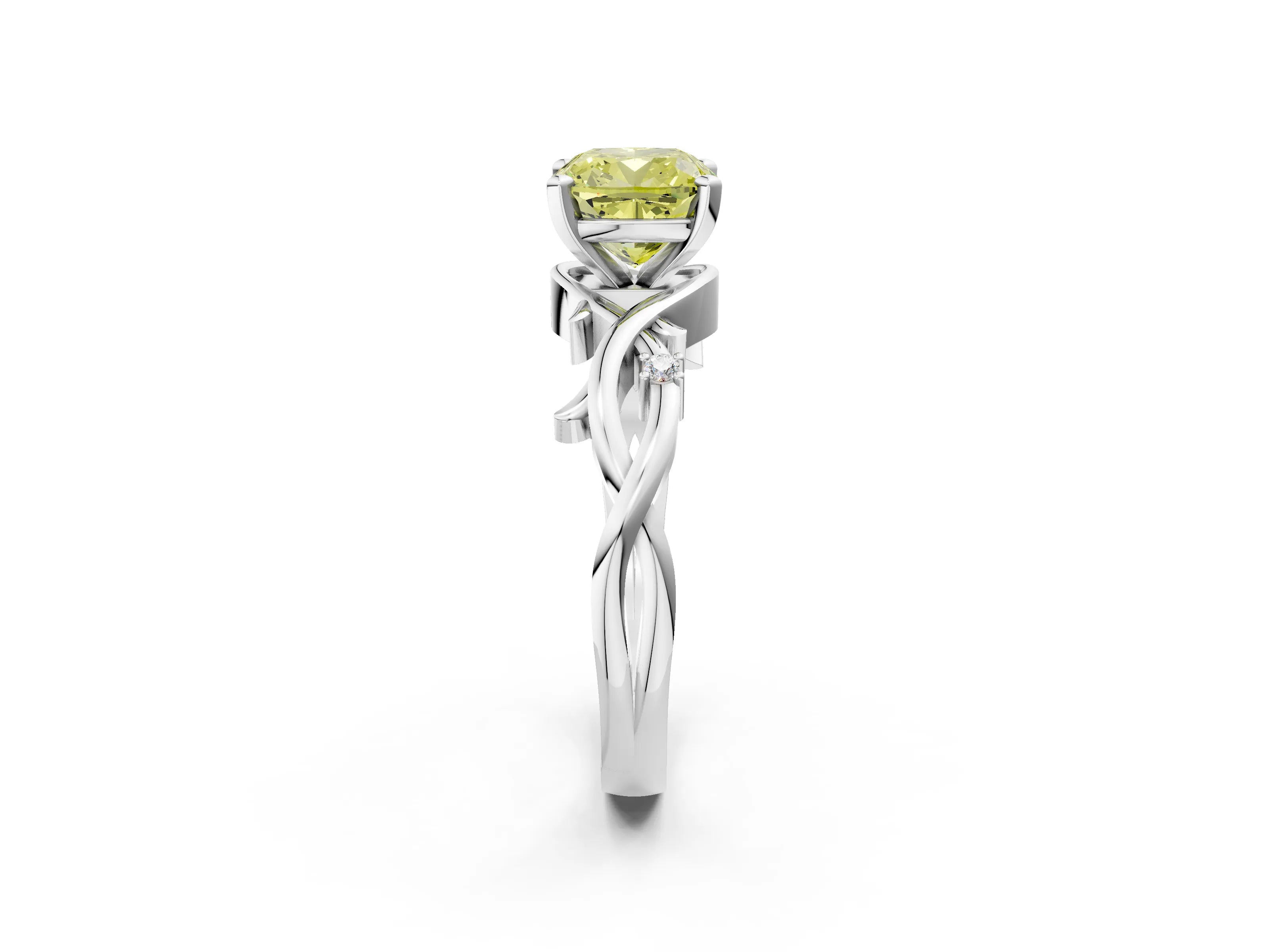 White gold Fancy Yellow Cushion Cut Diamond Solitaire Ring with Twisted Band and Prong Setting_171