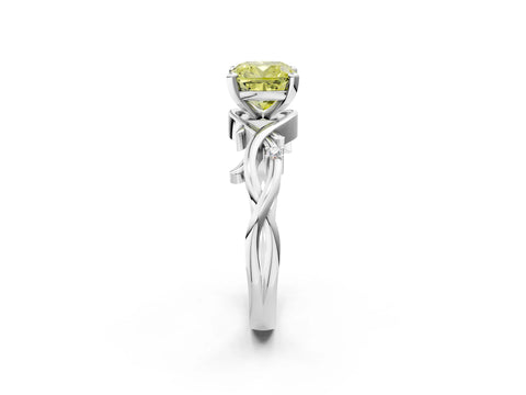 White gold Fancy Yellow Cushion Cut Diamond Solitaire Ring with Twisted Band and Prong Setting_171