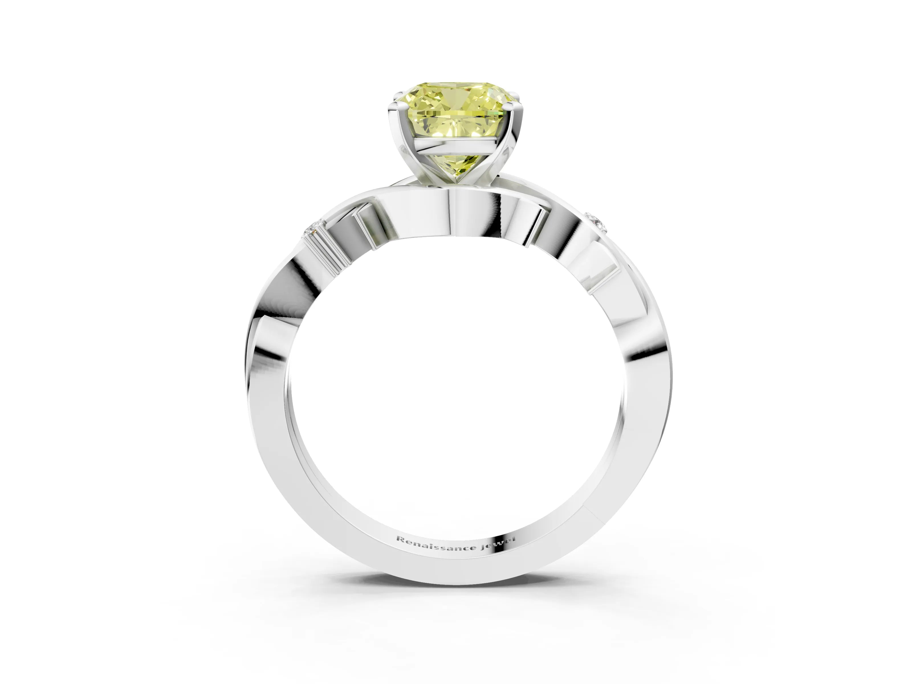 White gold Fancy Yellow Cushion Cut Diamond Solitaire Ring with Twisted Band and Prong Setting_173