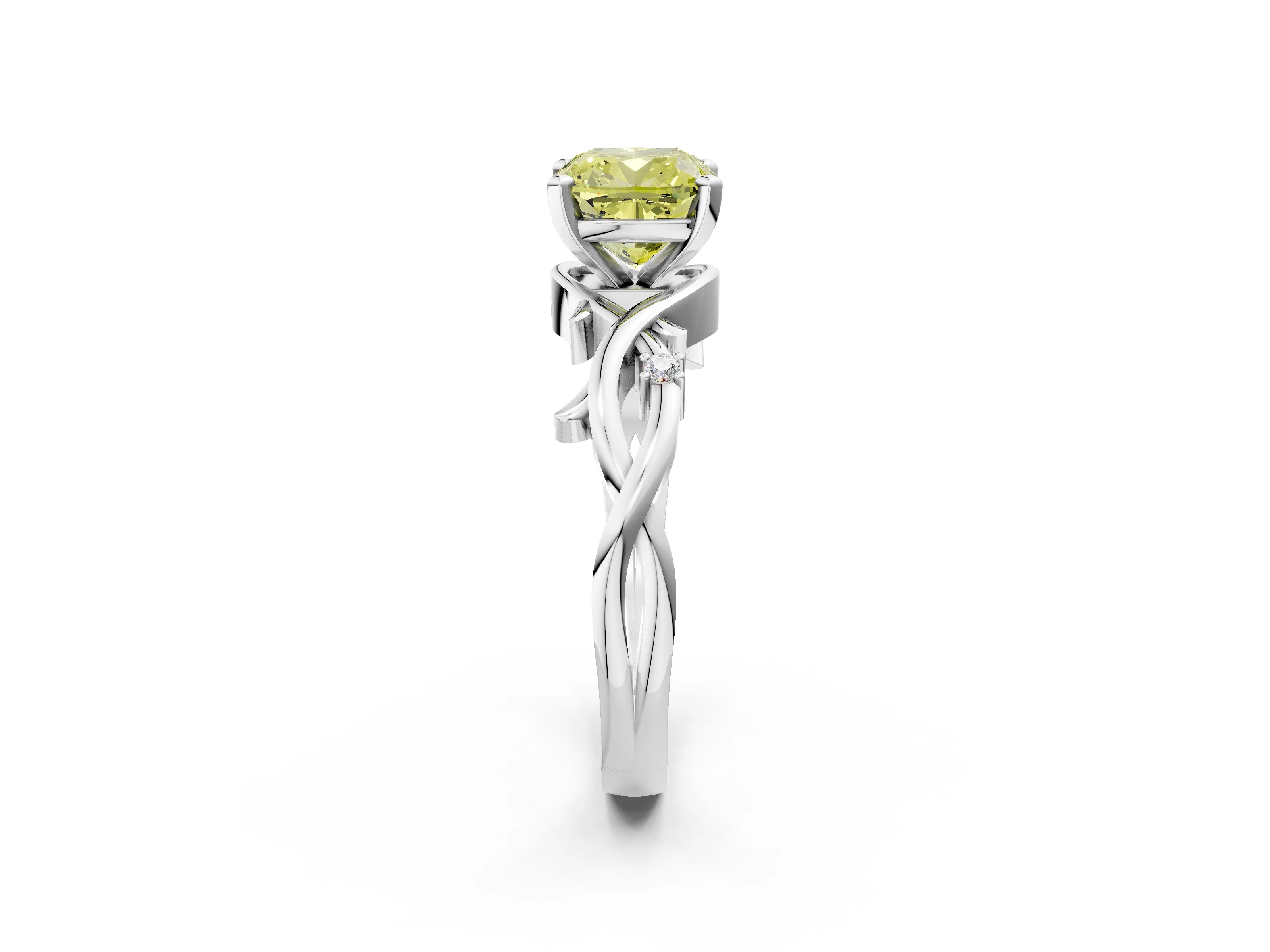 White gold Fancy Yellow Cushion Cut Diamond Solitaire Ring with Twisted Band and Prong Setting_177