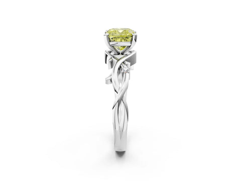 White gold Fancy Yellow Cushion Cut Diamond Solitaire Ring with Twisted Band and Prong Setting_177