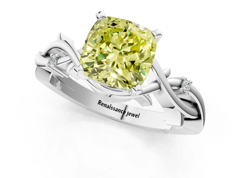 White gold Fancy Yellow Cushion Cut Diamond Solitaire Ring with Twisted Band and Prong Setting_177