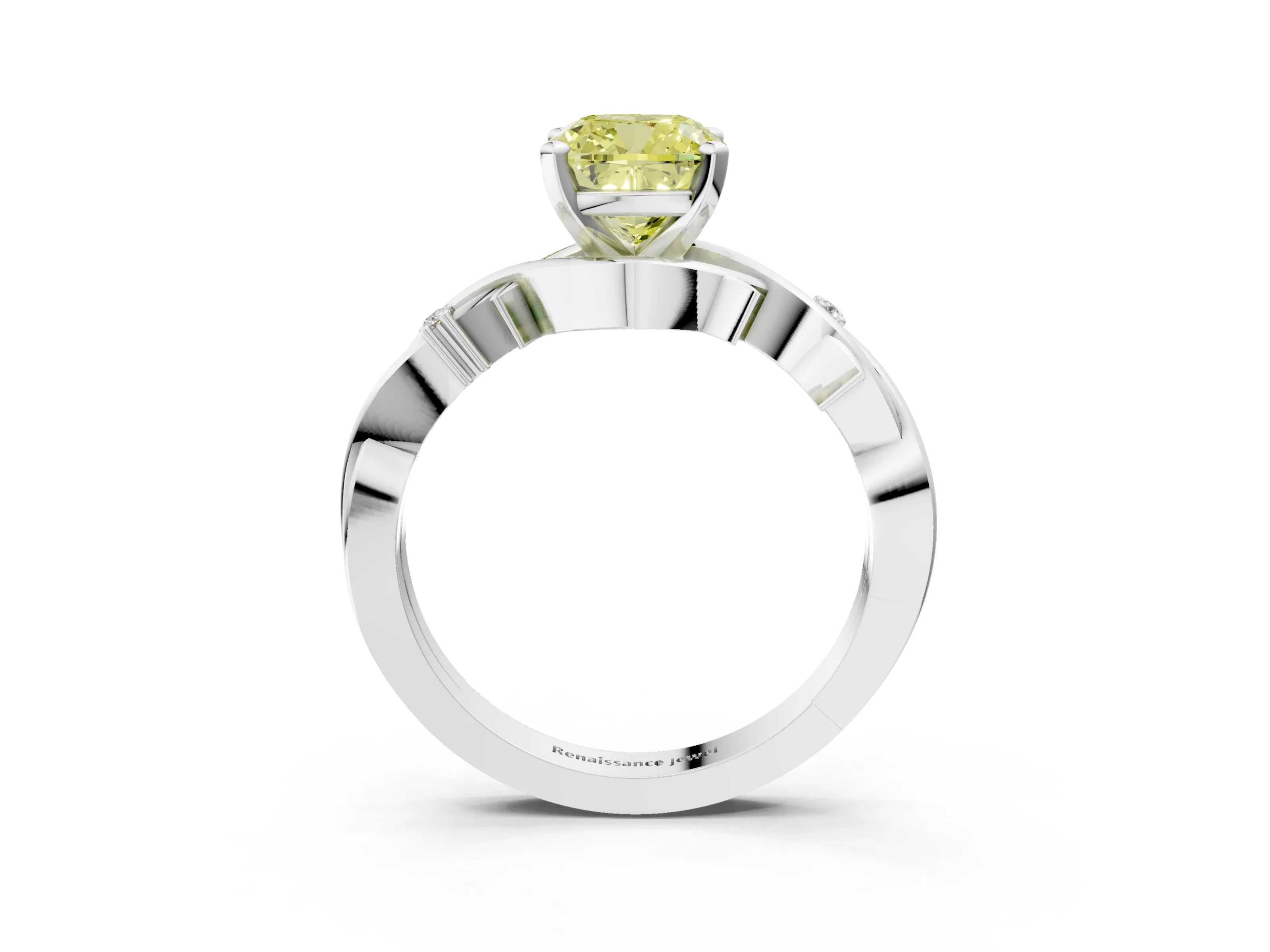 White gold Fancy Yellow Cushion Cut Diamond Solitaire Ring with Twisted Band and Prong Setting_179