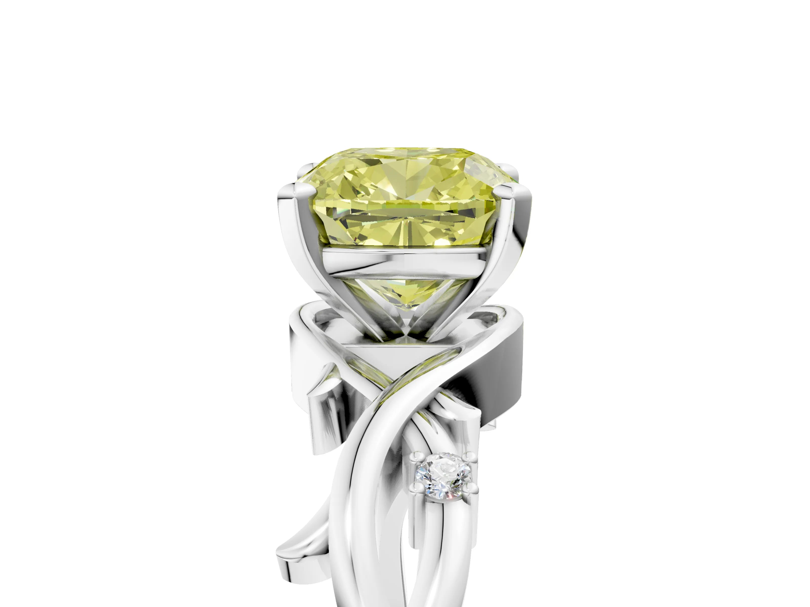 White gold Fancy Yellow Cushion Cut Diamond Solitaire Ring with Twisted Band and Prong Setting_180