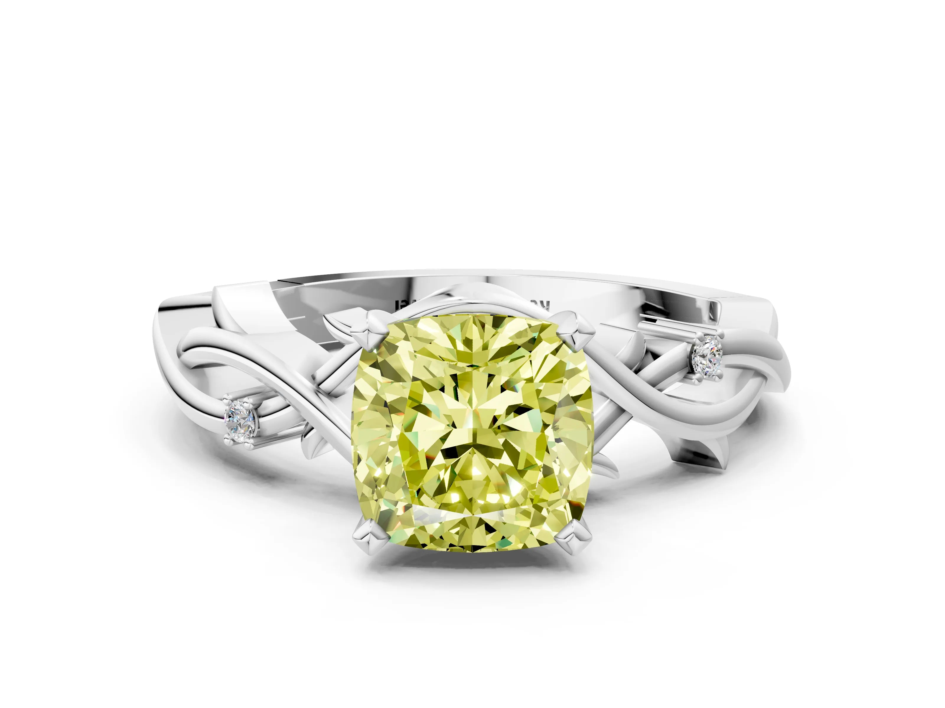 White gold Fancy Yellow Cushion Cut Diamond Solitaire Ring with Twisted Band and Prong Setting_182