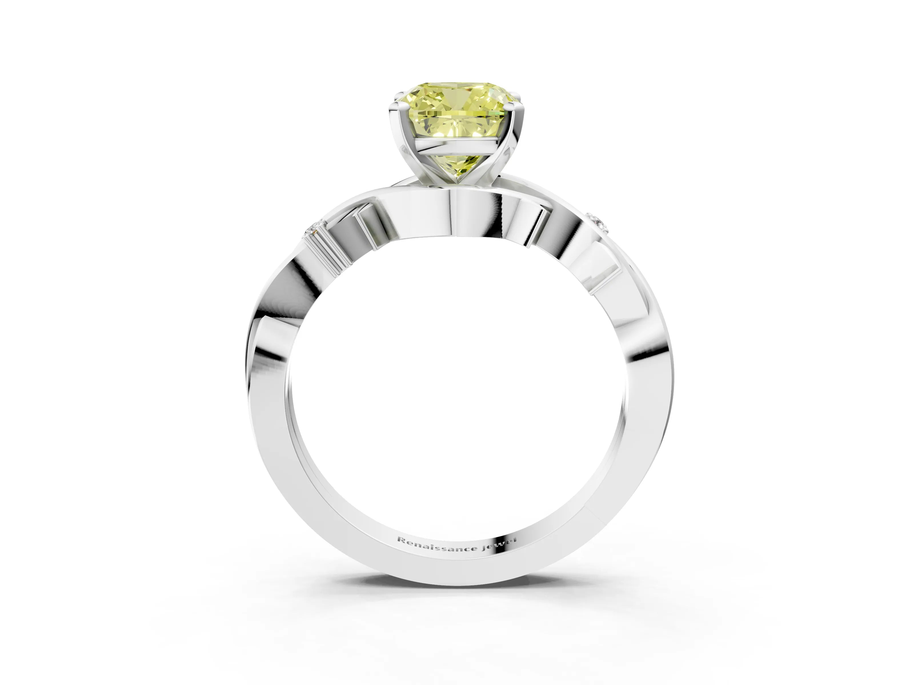 White gold Fancy Yellow Cushion Cut Diamond Solitaire Ring with Twisted Band and Prong Setting_185