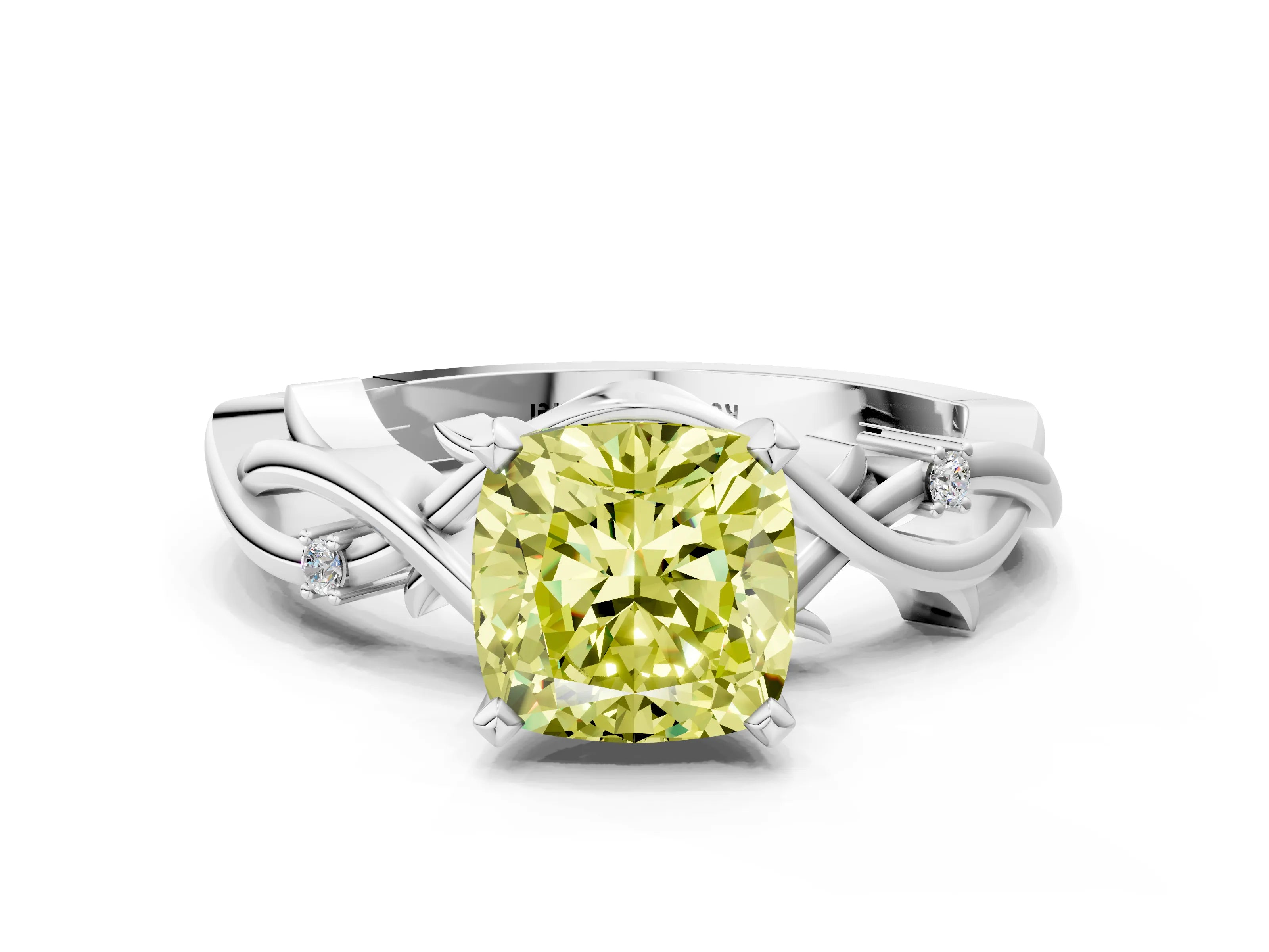 White gold Fancy Yellow Cushion Cut Diamond Solitaire Ring with Twisted Band and Prong Setting_187
