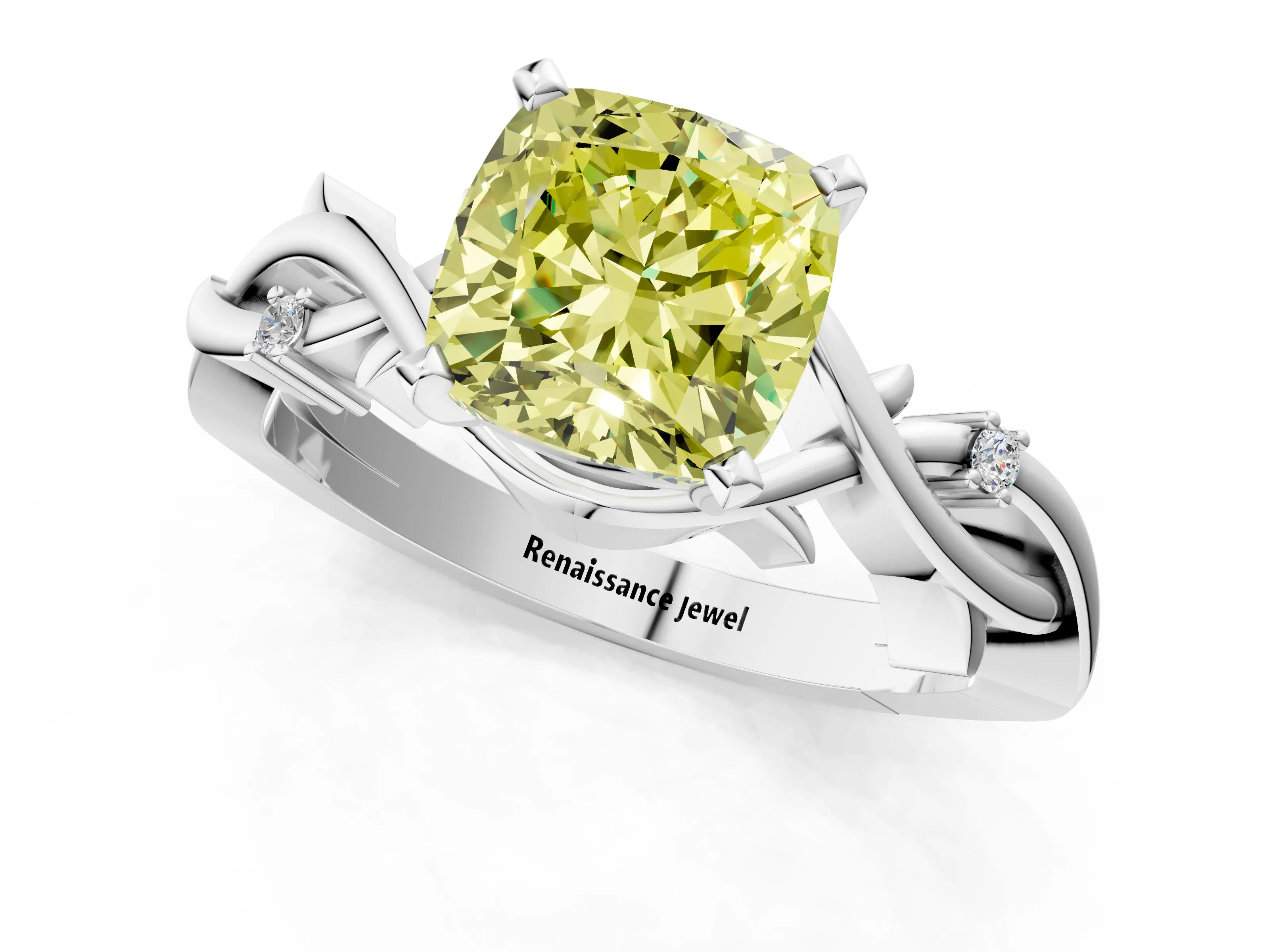 White gold Fancy Yellow Cushion Cut Diamond Solitaire Ring with Twisted Band and Prong Setting_194