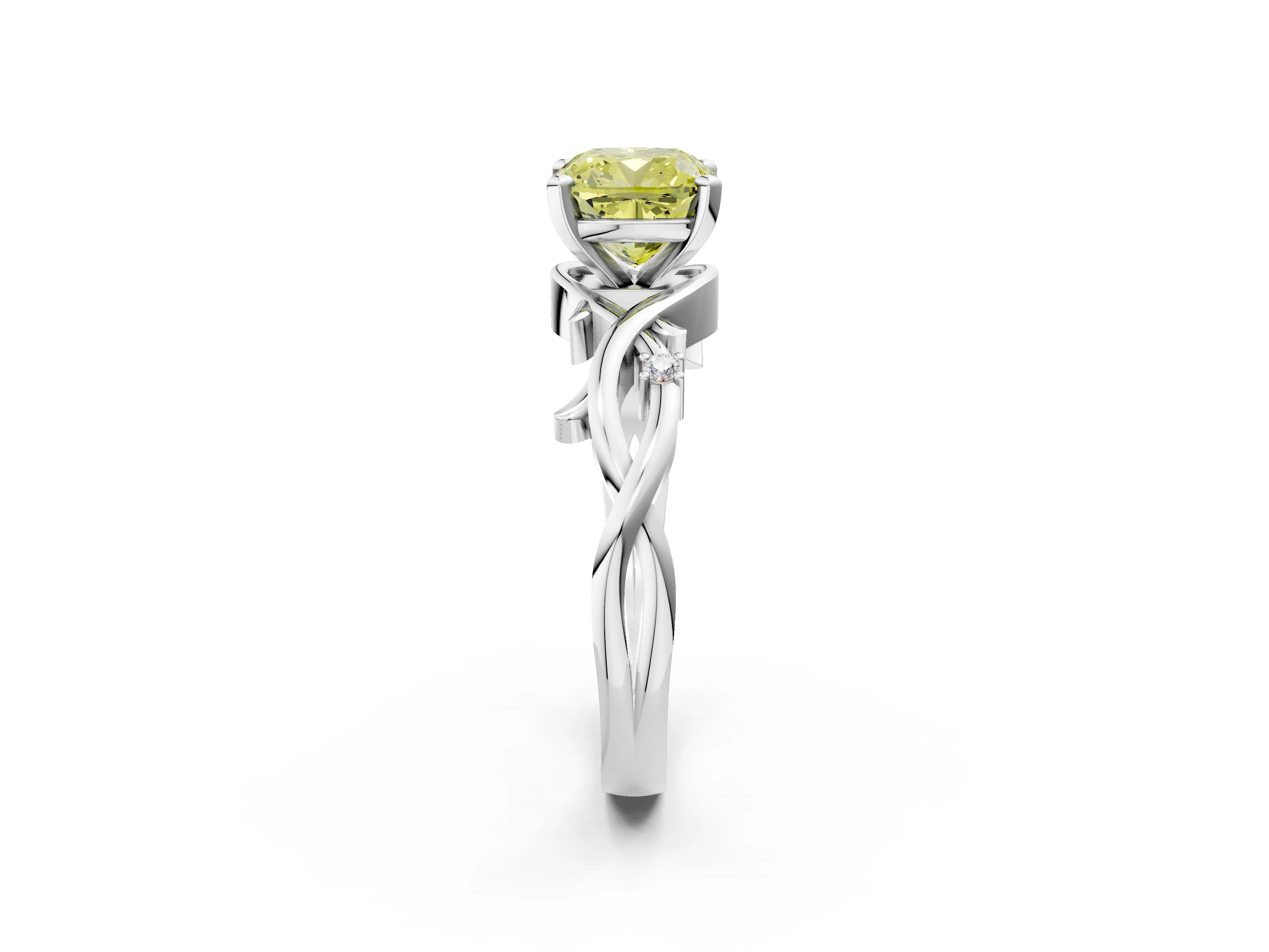 White gold Fancy Yellow Cushion Cut Diamond Solitaire Ring with Twisted Band and Prong Setting_196
