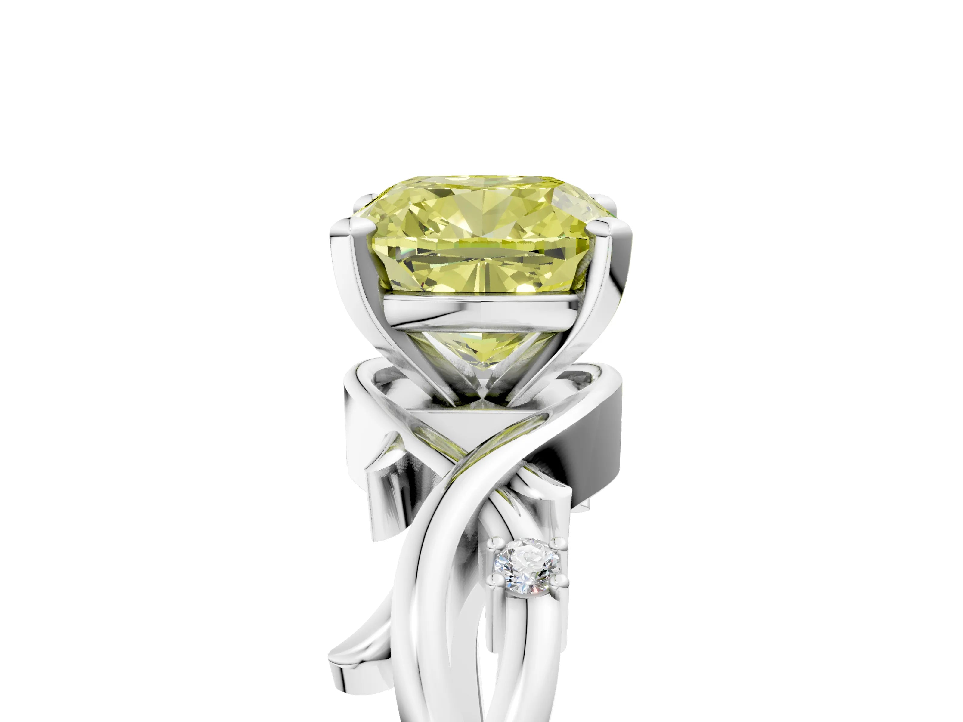 White gold Fancy Yellow Cushion Cut Diamond Solitaire Ring with Twisted Band and Prong Setting_198