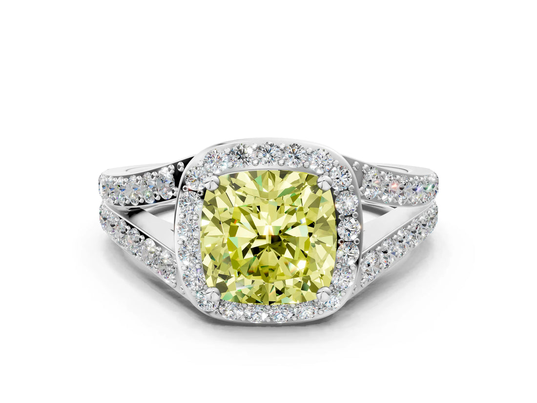 White gold Fancy Yellow Cushion Cut Diamond Split Shank Halo Ring with Four-Prong Setting_100