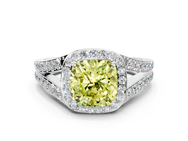 White Gold Cushion Cut Halo Engagement Ring Setting for Fancy Yellow Center with Narrow Pave Split Shank