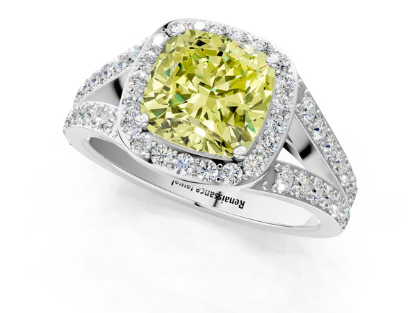 Sterling Silver Cushion Cut Halo Engagement Ring Setting for Fancy Yellow Center with Narrow Pave Split Shank