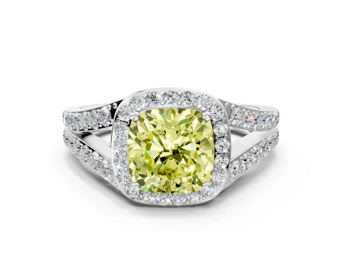 White gold Fancy Yellow Cushion Cut Diamond Split Shank Halo Ring with Four-Prong Setting_111