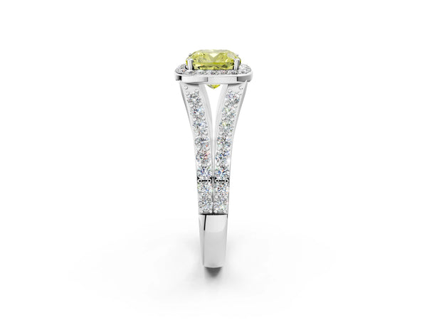Platinum Cushion Cut Halo Engagement Ring Setting for Fancy Yellow Center with Narrow Pave Split Shank