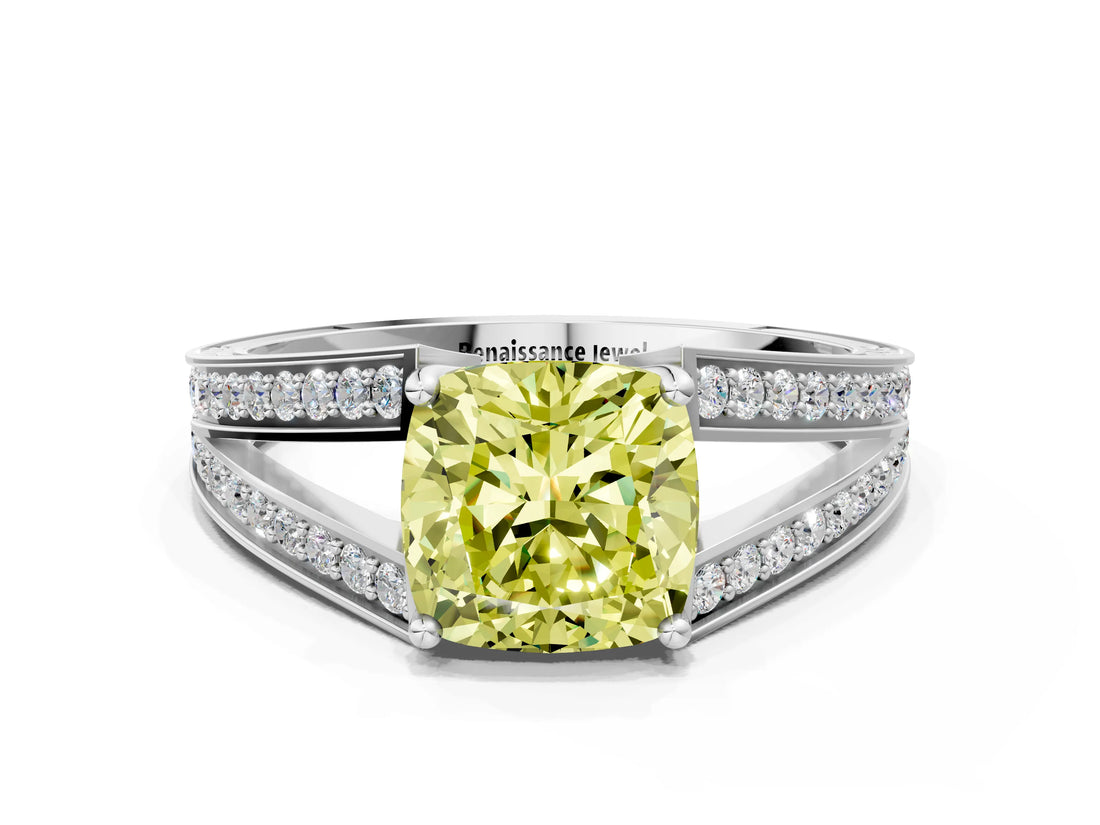 White gold Fancy Yellow Cushion Cut Diamond Split Shank Ring with Pavé Band and Four-Prong Setting_40
