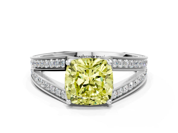Platinum Cushion Cut Pave Split Shank Engagement Ring Setting for Fancy Yellow Center