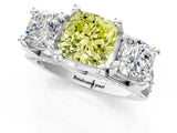 White gold Fancy Yellow Cushion Cut Diamond Three-Stone Ring with Channel Set Band and Four-Prong Setting_65