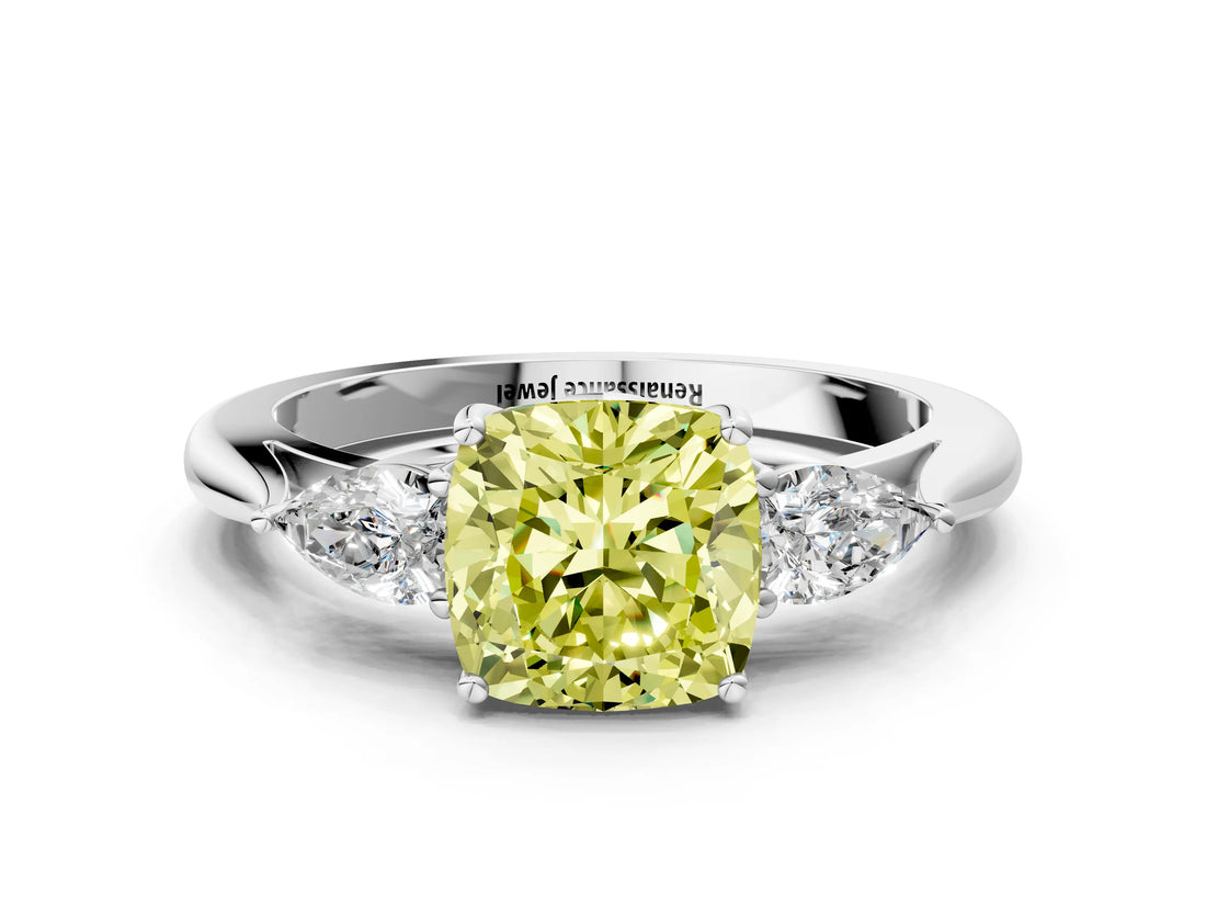 White gold Fancy Yellow Cushion Cut Diamond Three-Stone Ring with Pear  Side Stones and Prong Setting_150