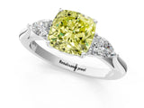 White gold Fancy Yellow Cushion Cut Diamond Three-Stone Ring with Pear  Side Stones and Prong Setting_151