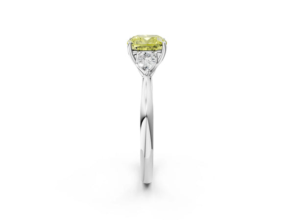 Platinum Cushion Cut Three Stone Pear Side Engagement Ring Setting for Fancy Yellow Center
