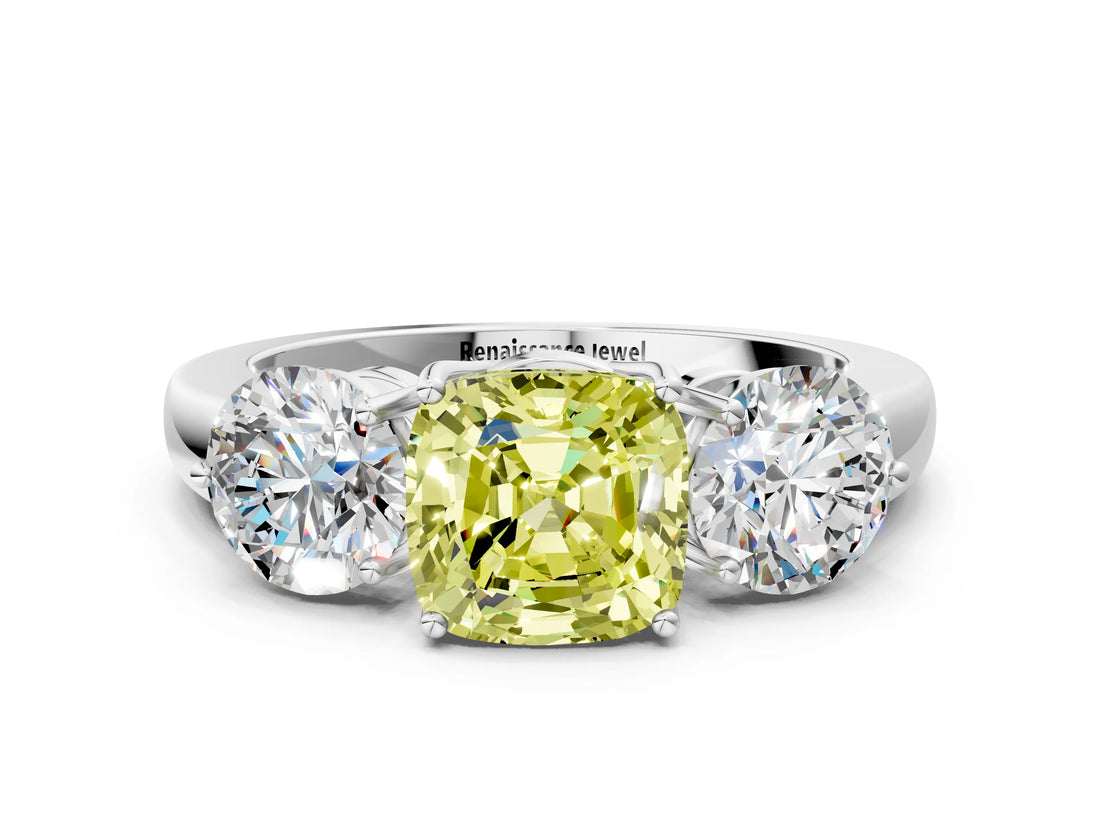 White gold Fancy Yellow Cushion Cut Diamond Three-Stone Ring with Prong Setting and Classic Band_123
