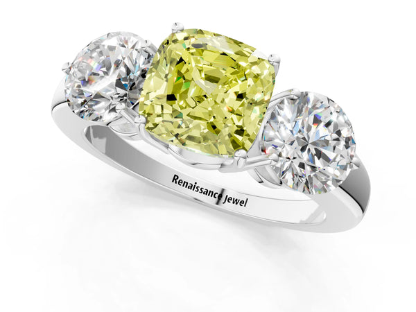 Platinum Fancy Yellow Cushion Cut Diamond Three-Stone Ring with Prong Setting and Classic Band