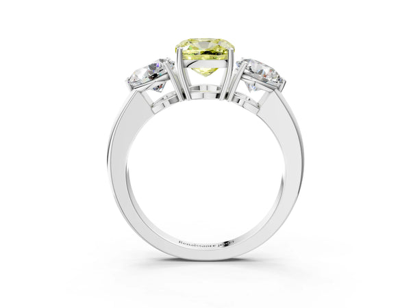 Platinum Fancy Yellow Cushion Cut Diamond Three-Stone Ring with Prong Setting and Classic Band