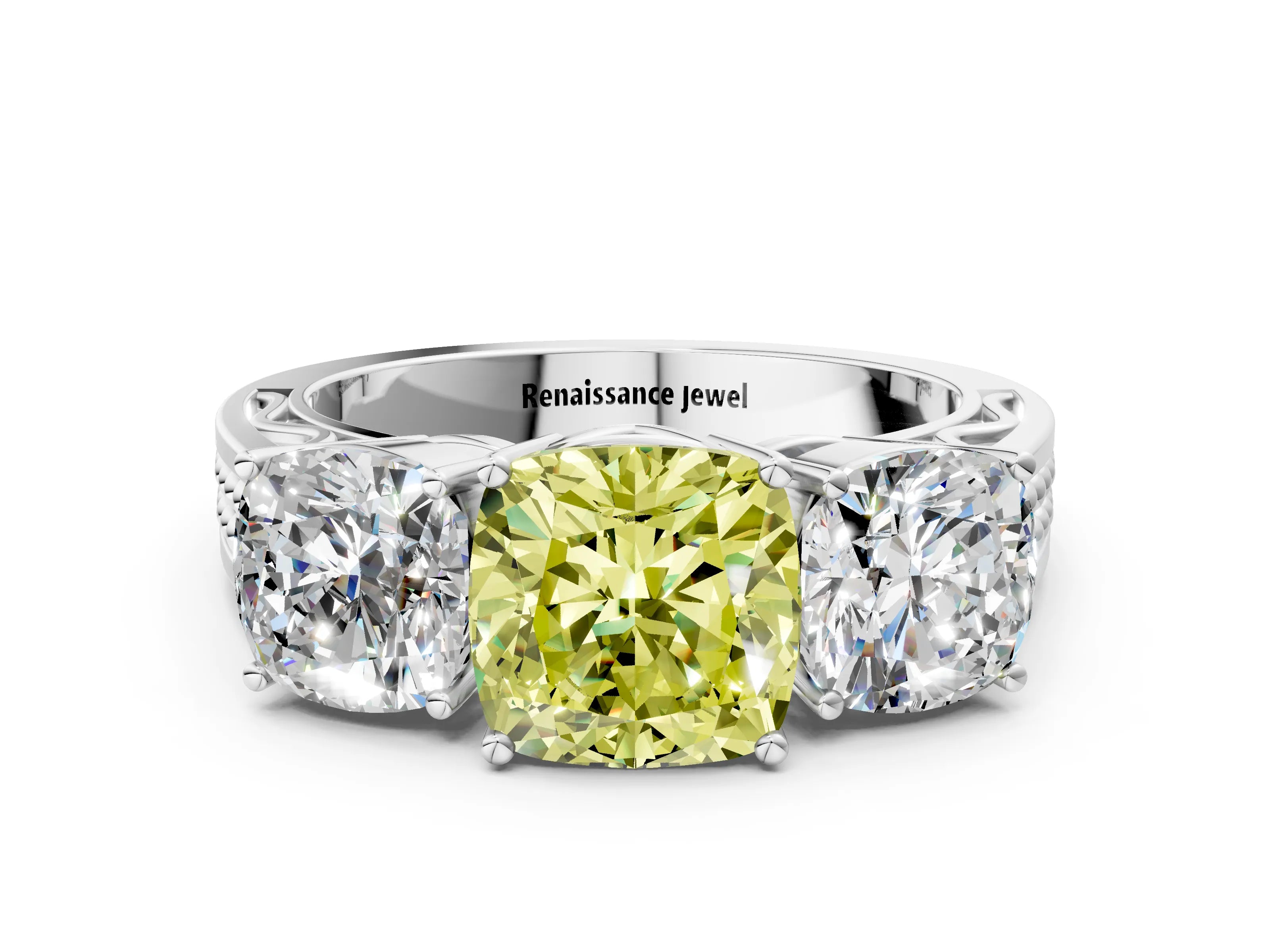 White gold Fancy Yellow Cushion Cut Diamond Three-Stone Ring with Prong Setting and Textured Band