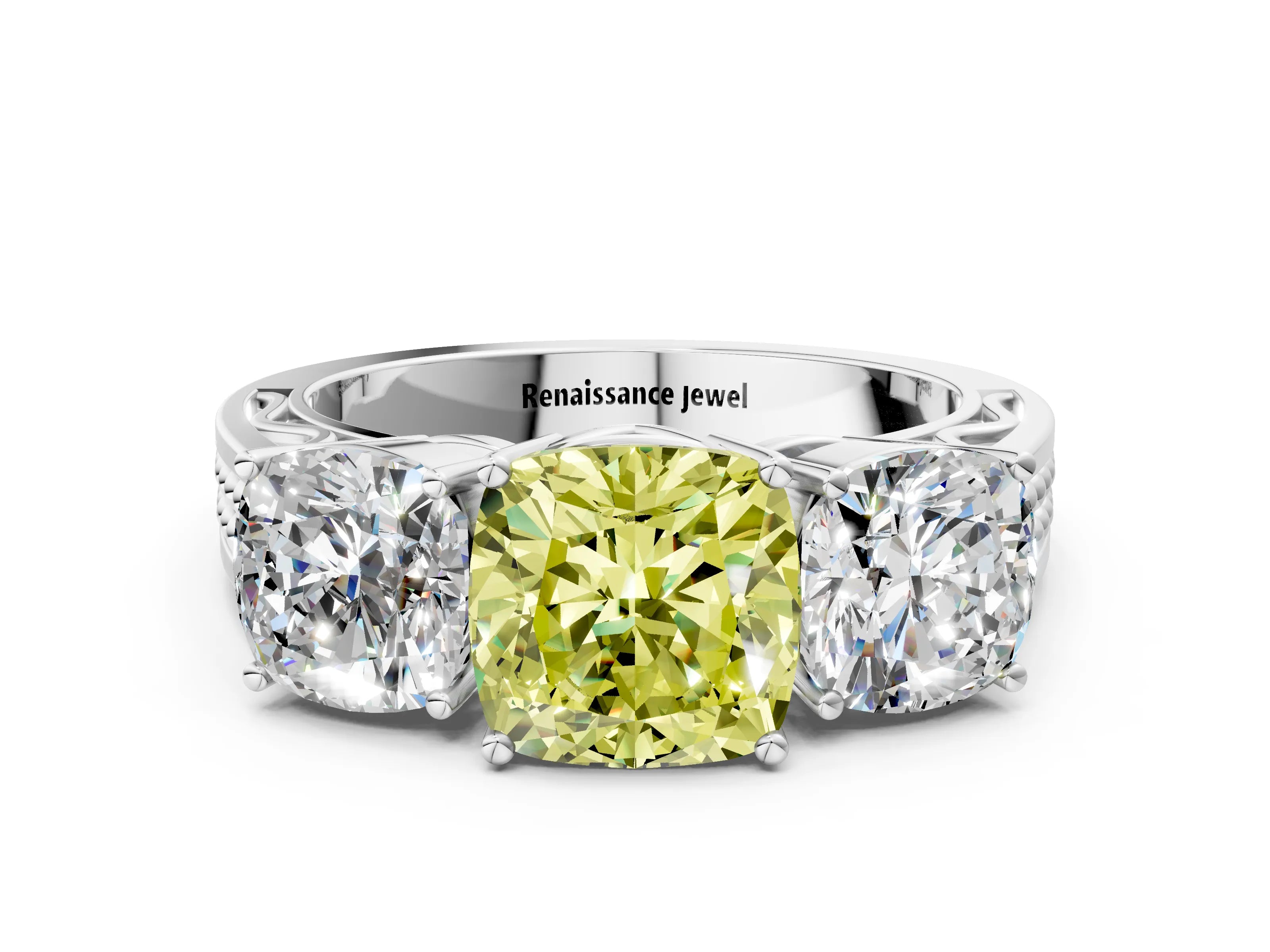 White gold Fancy Yellow Cushion Cut Diamond Three-Stone Ring with Prong Setting and Textured Band_12