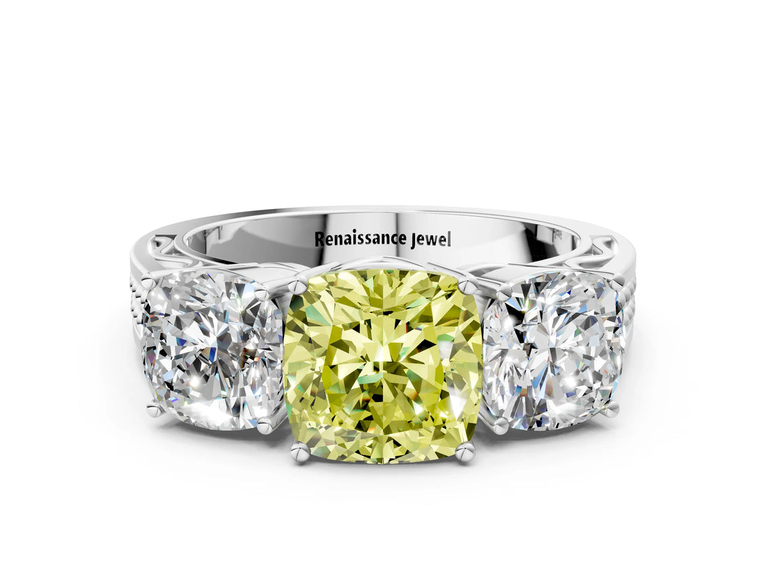 White gold Fancy Yellow Cushion Cut Diamond Three-Stone Ring with Prong Setting and Textured Band_12