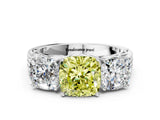 White gold Fancy Yellow Cushion Cut Diamond Three-Stone Ring with Prong Setting and Textured Band_12