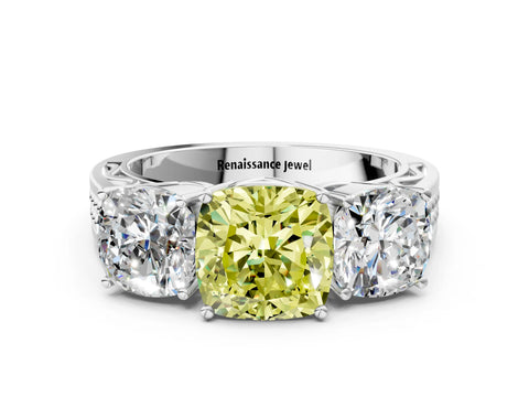 White gold Fancy Yellow Cushion Cut Diamond Three-Stone Ring with Prong Setting and Textured Band_12