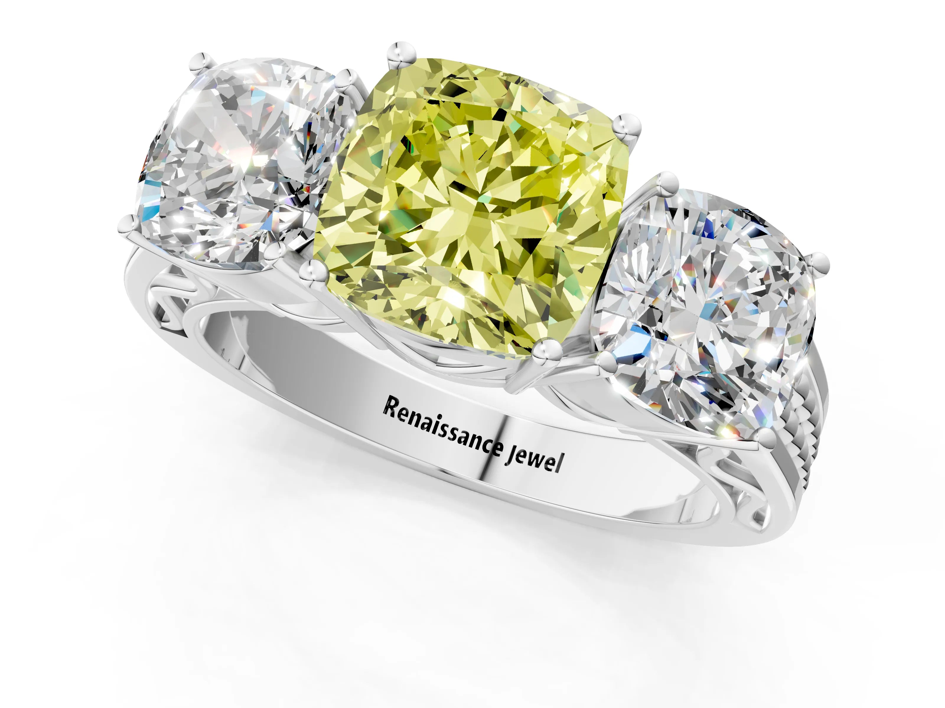 White gold Fancy Yellow Cushion Cut Diamond Three-Stone Ring with Prong Setting and Textured Band_13