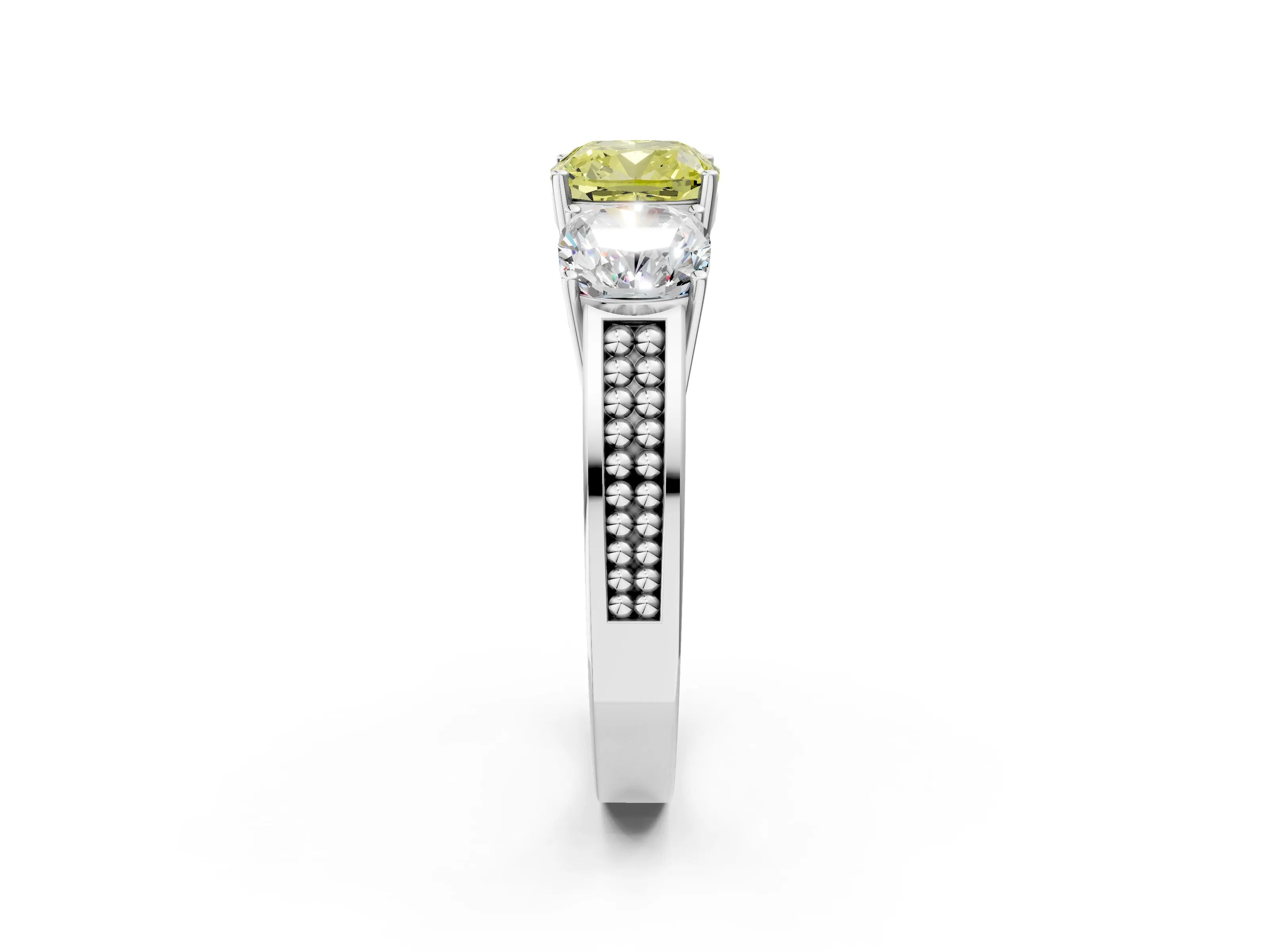 White gold Fancy Yellow Cushion Cut Diamond Three-Stone Ring with Prong Setting and Textured Band_14