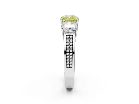 White gold Fancy Yellow Cushion Cut Diamond Three-Stone Ring with Prong Setting and Textured Band_14